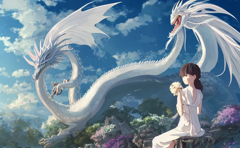 Image similar to a hyper detailed big render that a beautiful girl sitting on the back of a huge silver white dragon alone in fairyland surrounded by white clouds, finely detailed angelic face, style of studio ghibli, makoto shinkai, xision, ilya kuvshinov and artgerm, kazuki tanahashi, james jean, animation style, curve composition, ultra wide angle