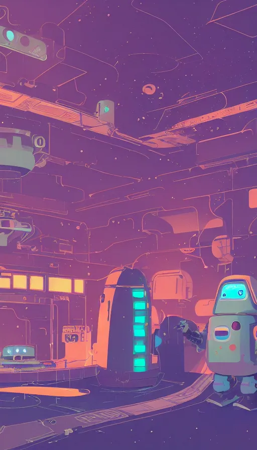 Prompt: a lonely robot in a space station, sharp focus, james gilleard, moebius, print, risograph, cinematic, game art