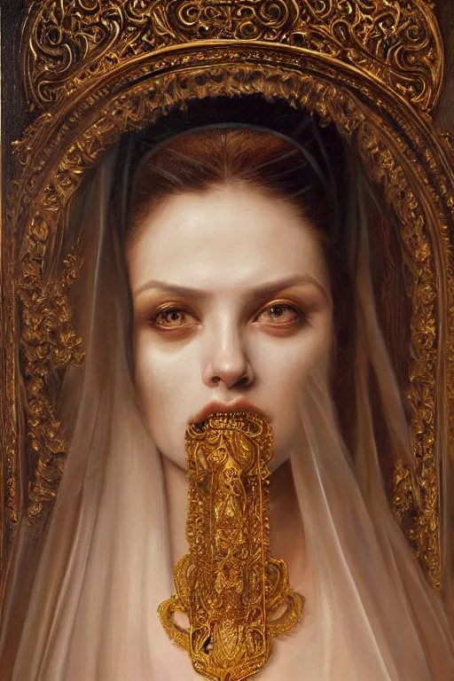 Prompt: hyper realistic painting portrait of veiled bride, occult diagram, elaborate details, detailed face, intrincate ornaments, gold decoration, occult art, oil painting, art noveau, in the style of roberto ferri, gustav moreau, david kassan, bussiere, saturno butto, boris vallejo