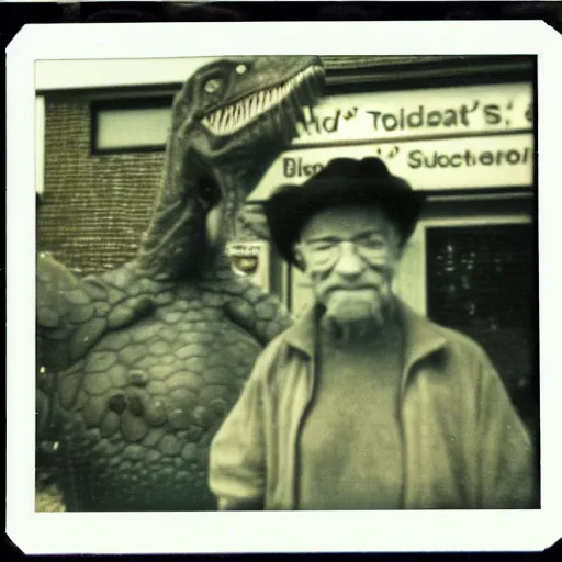 Image similar to a polaroid photo of an old man standing next to a dinosaur statue outside mcdonald's