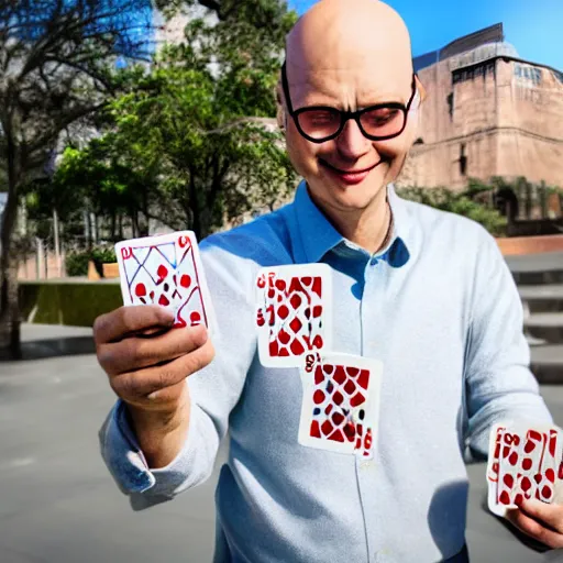 Prompt: statue of a bald man wearing round glasses, holding playing cards, daytime, high camera angle