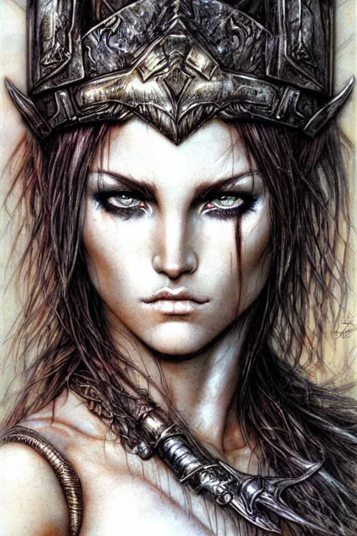 Prompt: head and shoulders portrait of a barbarian, female, high fantasy, d & d, by luis royo, face details, extremely detailed, digital illustration, smooth