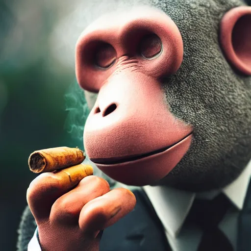 Image similar to a high detail closeup shot of a depressed monkey wearing a suit and smoking a cigar