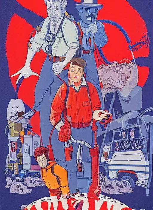 Image similar to a poster of the real ghostbusters ( 1 9 8 6 ) and david lynch, poster art by john carpenter, featured on deviantart, toyism, movie poster, concert poster, poster art, highly detailed