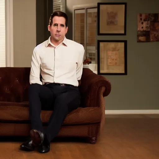 Image similar to full body photo of michael scott, mature male, mysterious face. he is sitting gracefully on a sofa, elegant slim beige shirt, tight shirt, bouncy belly