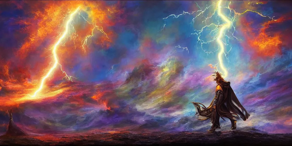 Prompt: wizard in front of magical explosion, lightning, fantasy, oil painting, concept art, 8 k