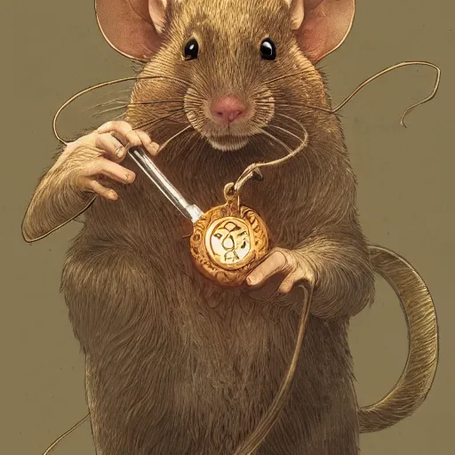 Prompt: a detailed portrait of a rat guardian holding a key, by victo ngai and justin gerard, digital art, realistic painting, very detailed, fantasy, high definition, character design, dnd, trending on artstation