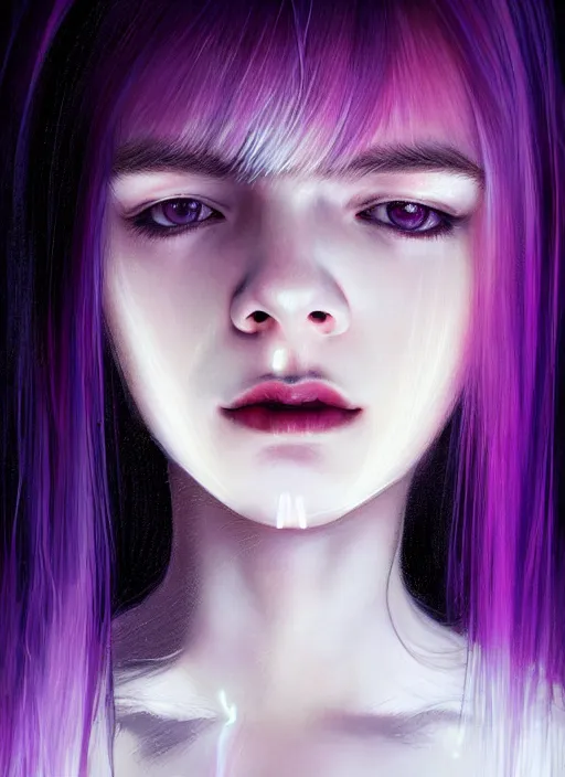 Prompt: hair whitebangs hair, black hair, blackbangswhitehair, portrait of teenage girl with white bangs, red irises, purple clothes, white bangs, bangs are different color from hair, intricate, elegant, glowing lights, highly detailed, digital painting, artstation, concept art, sharp focus, illustration, art by wlop, mars ravelo and greg rutkowski