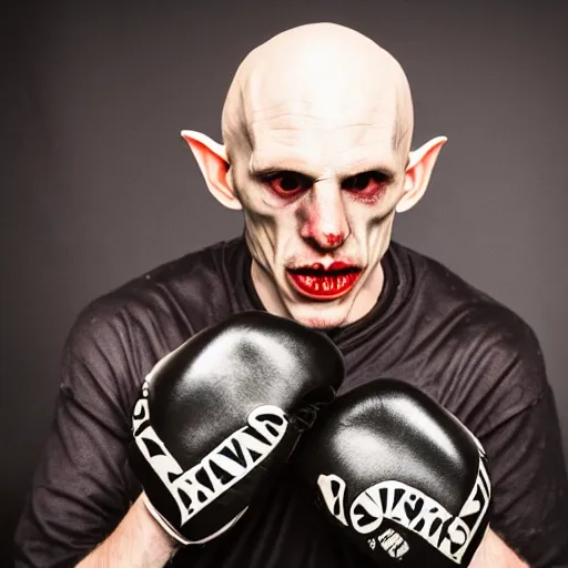 Image similar to portrait of nosferatu after boxing, brews blood, sweating, boxing gloves, 5 0 mm lens, realistic photography