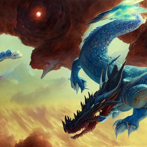 Image similar to Gigantic blue scaled dragon devouring an earth like planet while flying in space, sun system, salamance, nebula, oil painting, by Fernanda Suarez and Edgar Maxence and Greg Rutkowski