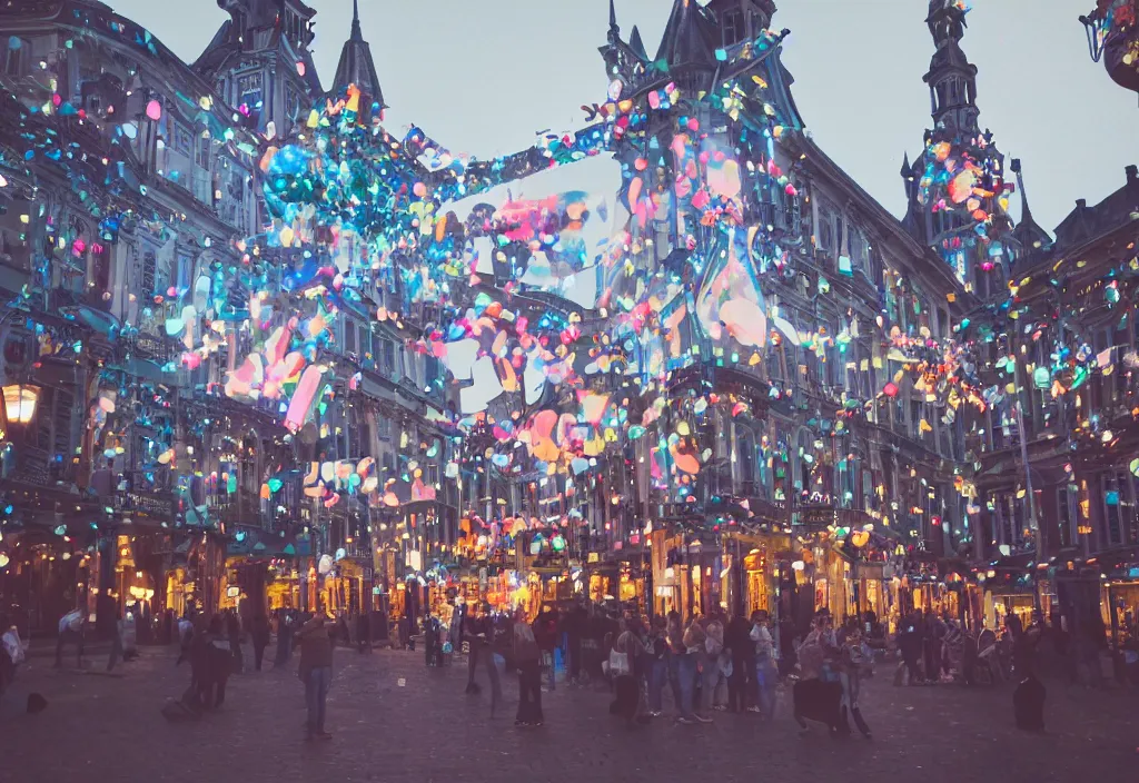 Image similar to 3 d 🎠 popping out of curved screen, town square, volumetric lighting, bokeh, creterion collection, shot on 7 0 mm, instax