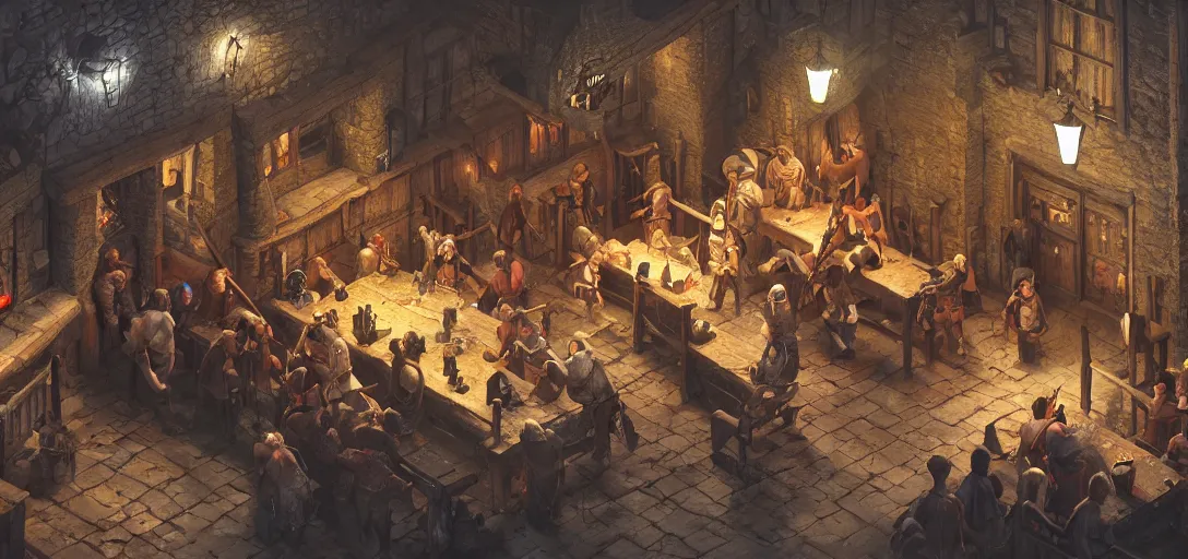 Prompt: medieval tavern, isometric view, game art, game dev, concept, extremely high detail, photo realistic, cinematic lighting, post processed, concept art, artstation, matte painting, style by eddie mendoza, raphael lacoste, alex ross