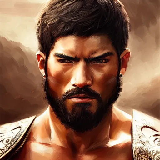 Image similar to Gladiator, muscular, asian, handsome, detailed face, correct face, painting by wlop