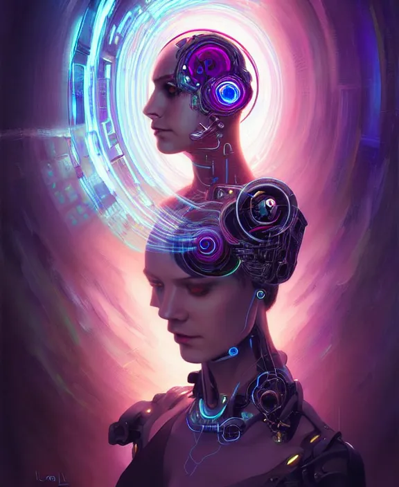 Image similar to a whirlwind of souls rushing inside the metaverse, hologram, half body, neurochip, shaved temple, piercing, jewelry, android, cyborg, cyberpunk face, by loish, d & d, fantasy, intricate, elegant, highly detailed, colorful, digital painting, artstation, concept art, art by artgerm and greg rutkowski and alphonse mucha