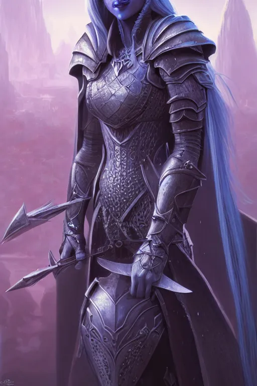 Image similar to drow princess, wearing armour, highly detailed, d & d, fantasy, highly detailed, digital painting, trending on artstation, concept art, sharp focus, illustration, global illumination, ray tracing, realistic shaded, art by artgerm and greg rutkowski and thomas cole and wayne barlowe