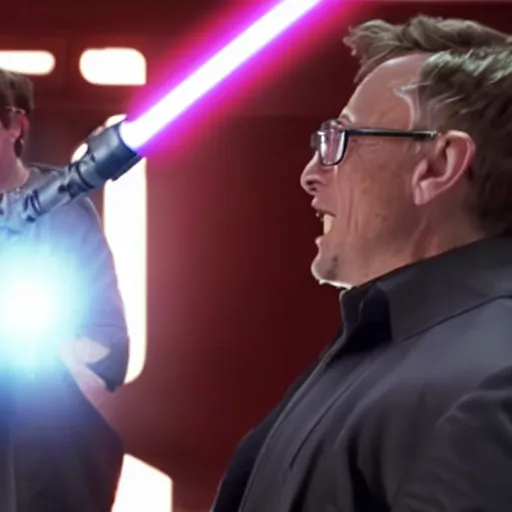 Image similar to film still of elon musk dueling bill gates with a lightsaber, epic cinematic