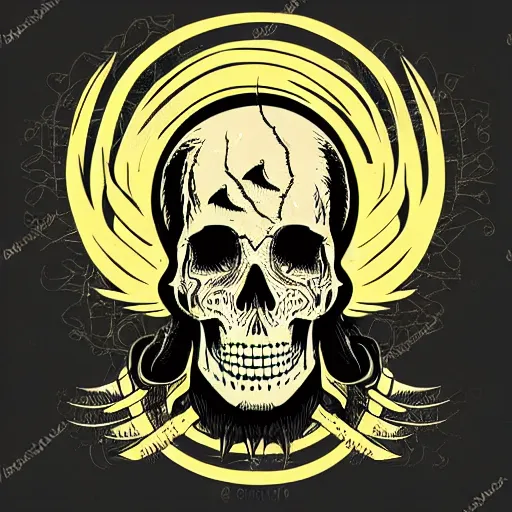 Prompt: dark death metal themed vector illustration for a record label, trees. forest, spikes, skull, microphone, skull, award winning, grunge, iconic, golden ratio