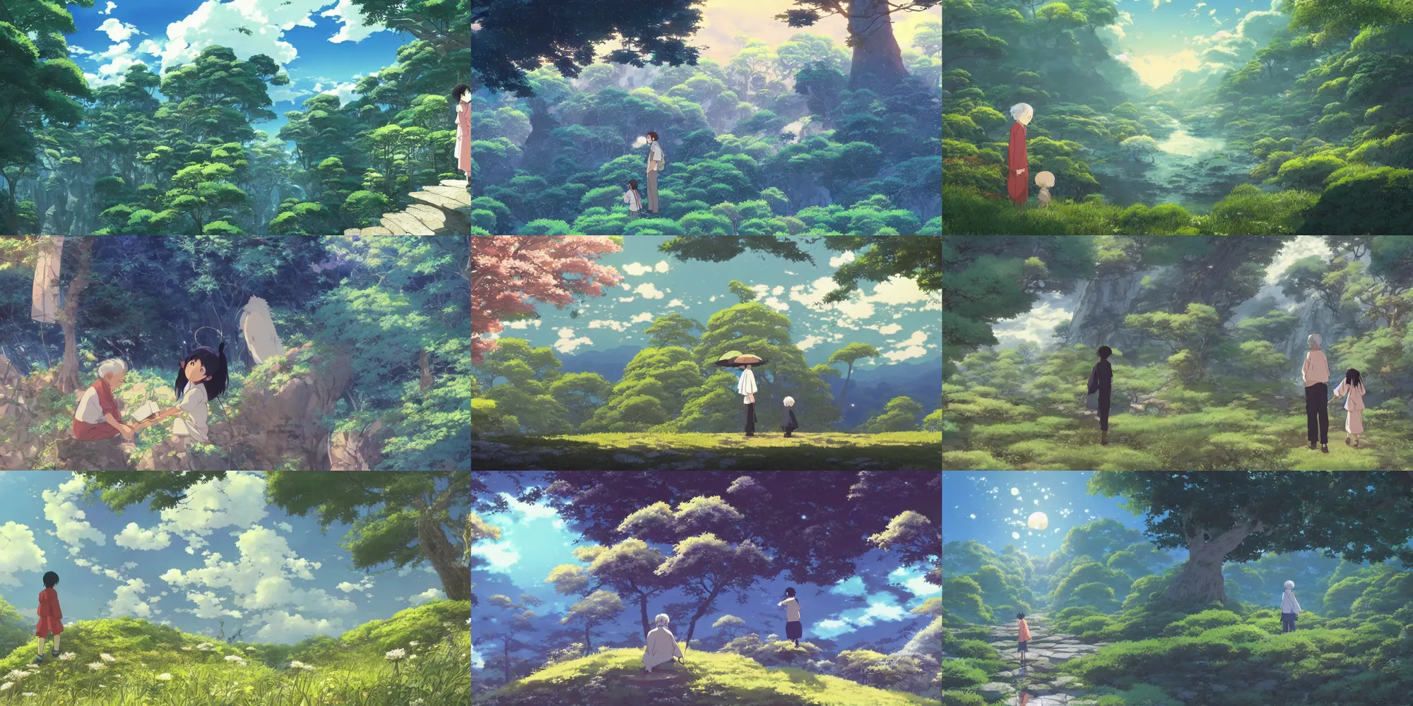 Prompt: a storybook illustration by Studio Ghibli, magical realism, an anime grandpa on an action adventure the otherworldly spirit world, painting by kazuo oga in the anime film, Makoto Shinkai wallpaper