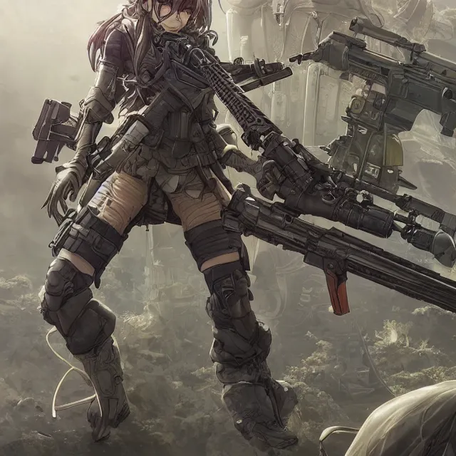 Image similar to the portrait of lawful neutral female futuristic infantry sniper as absurdly beautiful, gorgeous, elegant, young anime girl, an ultrafine hyperdetailed illustration by kim jung gi, irakli nadar, intricate linework, bright colors, octopath traveler, final fantasy, unreal engine 5 highly rendered, global illumination, radiant light, detailed and intricate environment