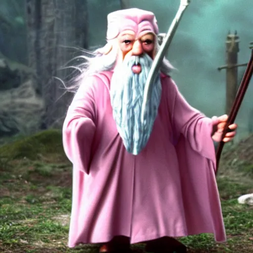 Image similar to gandalf wearing a Hello Kitty costume, movie still from the lord of the rings