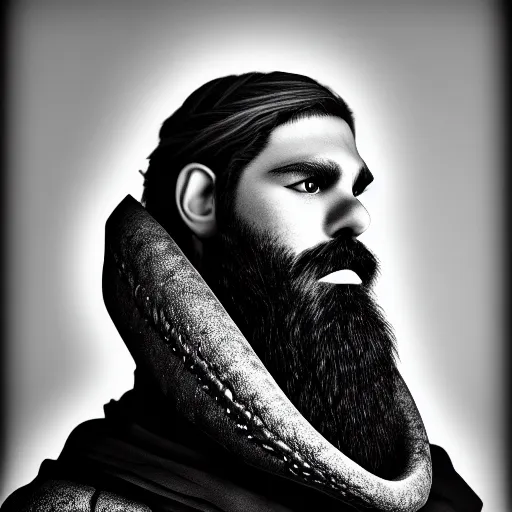 Prompt: portrait of a young bearded dragonborn in modern garb, black and white fantasy photography, 4K