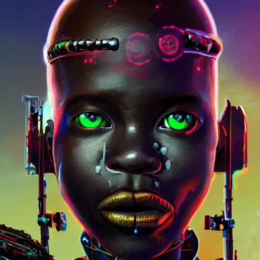 Image similar to a dark and ominous cyborg african child soldier with glowing eyes and tribal facial scarification, neon graffiti, Apex Legends character digital illustration portrait design, by android jones and greg rutkowski in a cyberpunk voodoo style, retrowave color scheme, detailed, cinematic lighting, wide angle action dynamic portrait