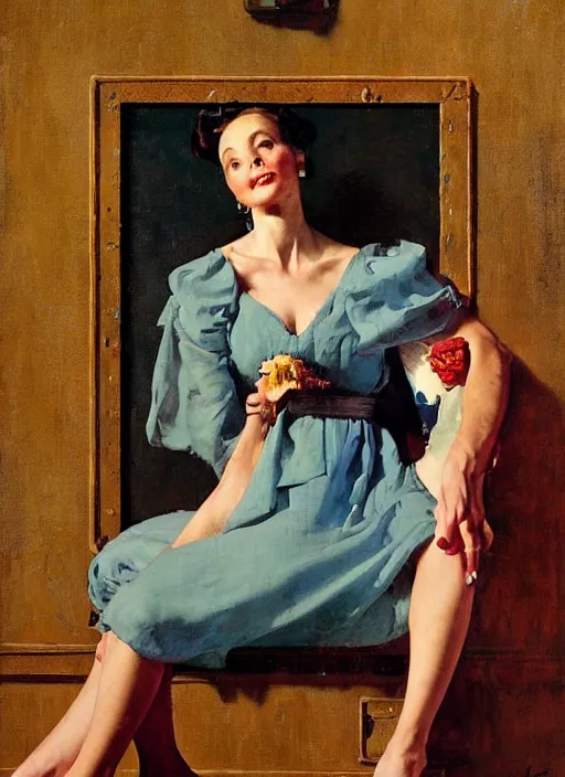 Prompt: illustration upper body and head portrait of elegant woman in summer dress, by norman rockwell, roberto ferri, daniel gerhartz, edd cartier, jack kirby, howard v brown, ruan jia, tom lovell, frank r paul, jacob collins, dean cornwell, pulp 5 0 s scifi