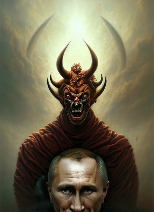 Image similar to putin as an devil, aesthetic, fine art, intricate, elegant, highly detailed, realistic hair, centered, digital painting, art station, conceptual art, soft, sharp focus, illustration, artwork, artgerm, tomasz alen kopera, peter mohrbacher, donato giancola, wlop, boris vallejo