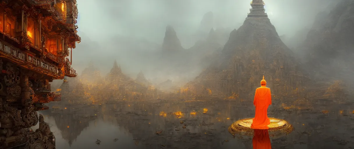 Prompt: a single detailed robotic buddha with an orange robe, mystic atmosphere, a detailed metallic temple on a misty mountain, shiny reflections, multiple detailed robotic airships, volumetric fog, perspective painting, atmospheric shot, cinematic establishing shot, in the style of greg rutkowski, in the style of james gurney, artstation, unreal engine, maya