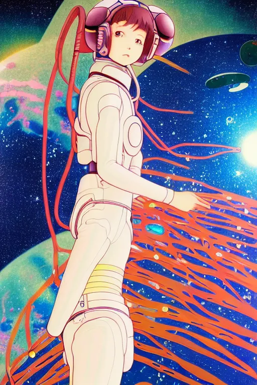 Prompt: portrait of a young astronaut girl, last exile, yoshitoshi abe, art deco, loish, murata range, synthwave, cosmic, studio lighting, manga, anime, vibrant colors, beautiful, dreamy, gradation, gustav klimt, makoto shinkai, detailed, ((space nebula background))