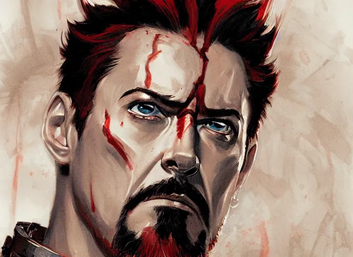 Image similar to a highly detailed beautiful portrait of tony stark as kratos, by gregory manchess, james gurney, james jean