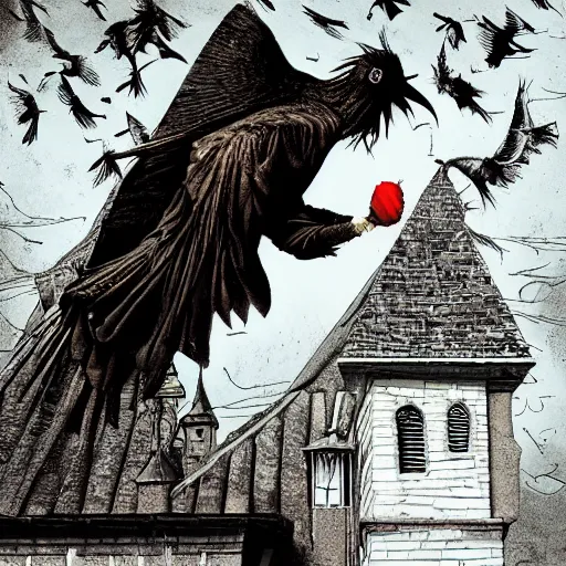 Image similar to A clown on the roof of the church playing with crows, by Android Jones and M. C. Escher collaboration, futurist, digital art, dramatic lighting, symbolic