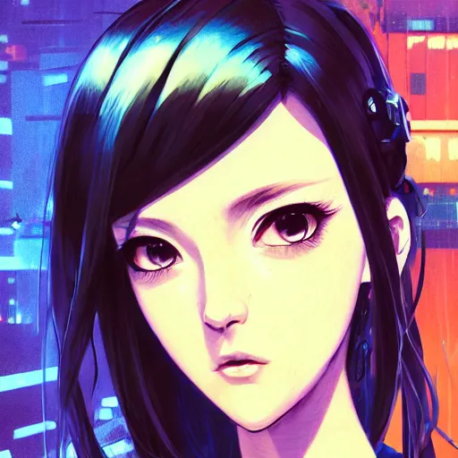 Image similar to A comic potrait of a cyberpunk cyborg girl with big and cute eyes, fine-face, realistic shaded perfect face, fine details. Night setting. Very anime style. Realistic shaded lighting poster by Ilya Kuvshinov katsuhiro, magali villeneuve, artgerm, Jeremy Lipkin and Michael Garmash, Rob Rey and Kentarõ Miura style, trending on art station