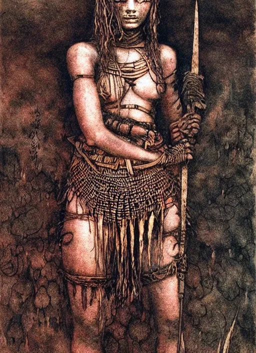 Image similar to warrior girl in tribal painting by Beksinski and Arthur Rackham