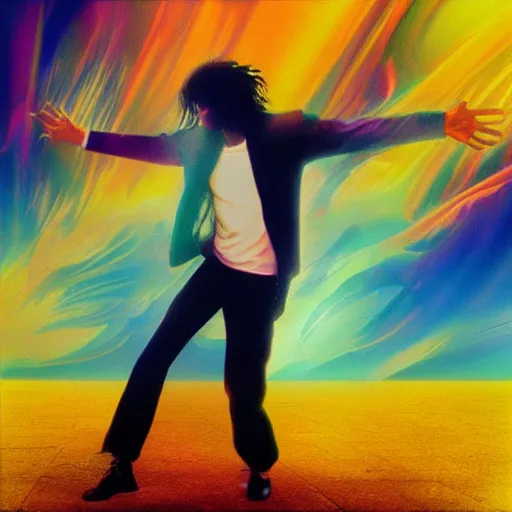 Prompt: motion blurred Michael Jackson Album cover in vaporwave feel