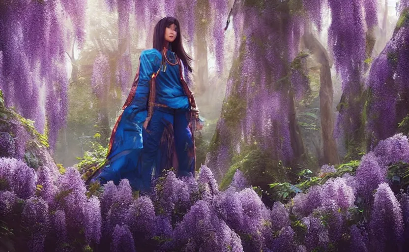 Prompt: beautiful Himalayan woman, sci-fi tibetan fashion, brown hair, somber, scene of a summer forest with glowing blue wisteria, dramatic light, wide angle, dramatic pose, dramatic angle , 8k hdr pixiv by Makoto Shinkai and Wojtek Fus