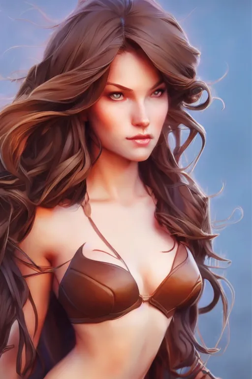 Prompt: character art by wlop, steve henderson, and j scott campbell, young woman, wavy brown hair, hazel eyes, 4 k, arstation, trending, high quality, very detailed, digital