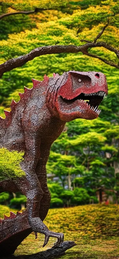 Image similar to “ a portrait photo of tyrannosaurus at a sakura tree, side shot, by shunji dodo, 8 k resolution, high quality ”