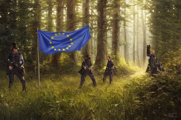 Prompt: border guards surprised to discover eu flag behind the trees, realistic painting, symmetrical, highly detailed, digital painting, artstation, concept art, smooth, sharp focus, illustration, cinematic lighting, art by artgerm and greg rutkowski and alphonse mucha