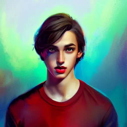 Image similar to colorful and Festive Captivating young man with straight brown hair, black skin, big lips, red t-shirt. rich vivid colors, ambient lighting, dynamic lighting, 4k, atmospheric lighting, painted, intricate, highly detailed by Charlie Bowater