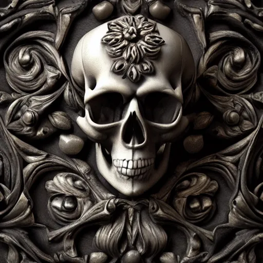 Prompt: gothic sculpture of skull with decorative floral design, deep texture, intense detail, hyperealism, 4 k