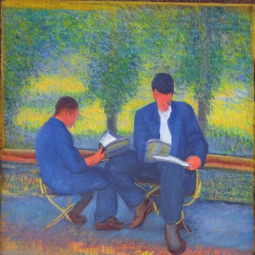 Prompt: “an impressionist painting of two men sitting on a bus on the highway, both reading a book, one man is blond, the other has dark hair, trees flashing by. In the style of monet”