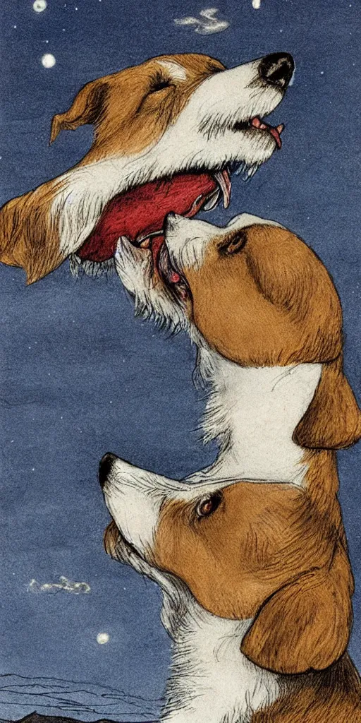 Image similar to jack russel dog looking up and howling with mouth open sad, night sky, highly detailed, side view, illustrated by peggy fortnum and beatrix potter and sir john tenniel