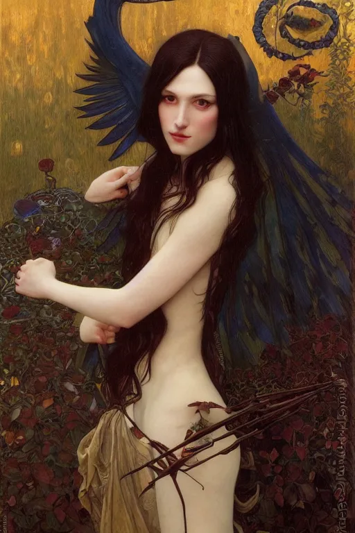 Prompt: masterpiece painting of ephemeral vampire raven haired girl by donato giancola, darius zawadzki and tom bagshaw, face by artgerm and edmund leighton, alphonse mucha, background by james jean and gustav klimt, 8 k, horror, dark color palette, volumetric lighting, porcelain skin, french nouveau, trending on pixiv