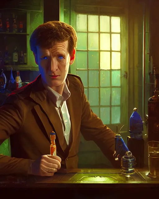 Image similar to medium - shot vislor turlough played by mark strickson at age 1 8, at the alien space pub bar counter, highly detailed, mood lighting, from doctor who series, artstation, highly detailed digital painting, smooth, global illumination, fantasy art by greg rutkowsky, karl spitzweg, leyendecker