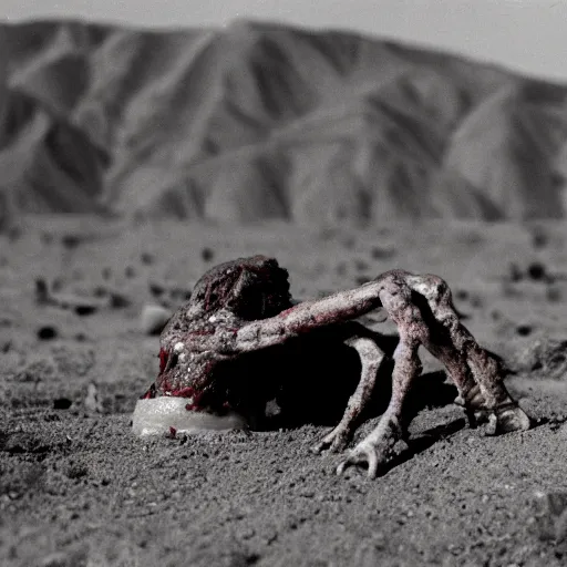 Image similar to in the desert a bloody horrifying The Thing creature made of muscle and bone and blood, mid day, 35mm photography, realistic,