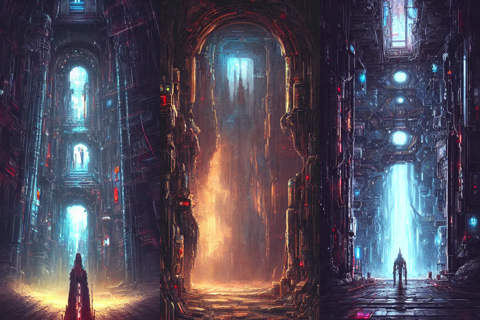 Prompt: The gate to the eternal kingdom of cyberpunk, fantasy, digital art, HD, detailed.