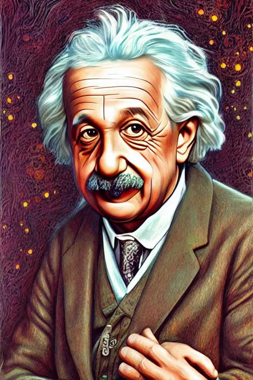 Prompt: intricate smooth color portrait of albert einstein in the style of daniel merriam, 8 k octane beautifully detailed render