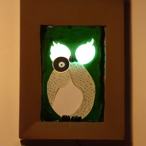 Prompt: children's book art, glowing white owl, in a windowsill