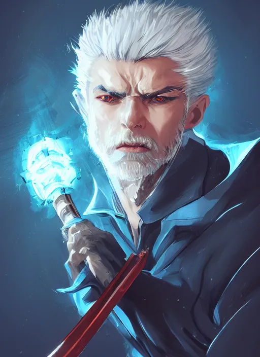 Image similar to a highly detailed illustration of fierce short slick back white haired man wearing dark blue coat, bright blue eyes, dramatic wielding katana pose, intricate, elegant, highly detailed, centered, digital painting, artstation, concept art, smooth, sharp focus, league of legends concept art, wlop